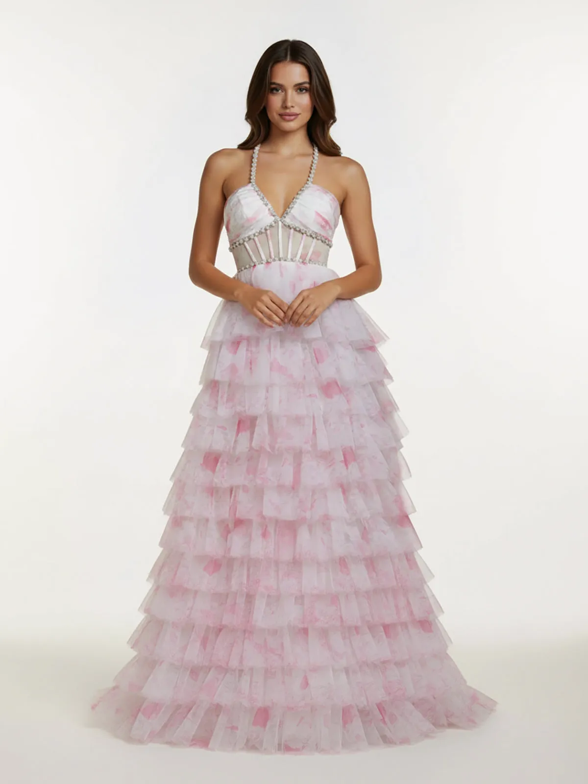 Inari | Pink - A Line Floral Tulle Ruffles Halter Long Prom Dresses with Beads sold by KissProm product image thumbnail 4