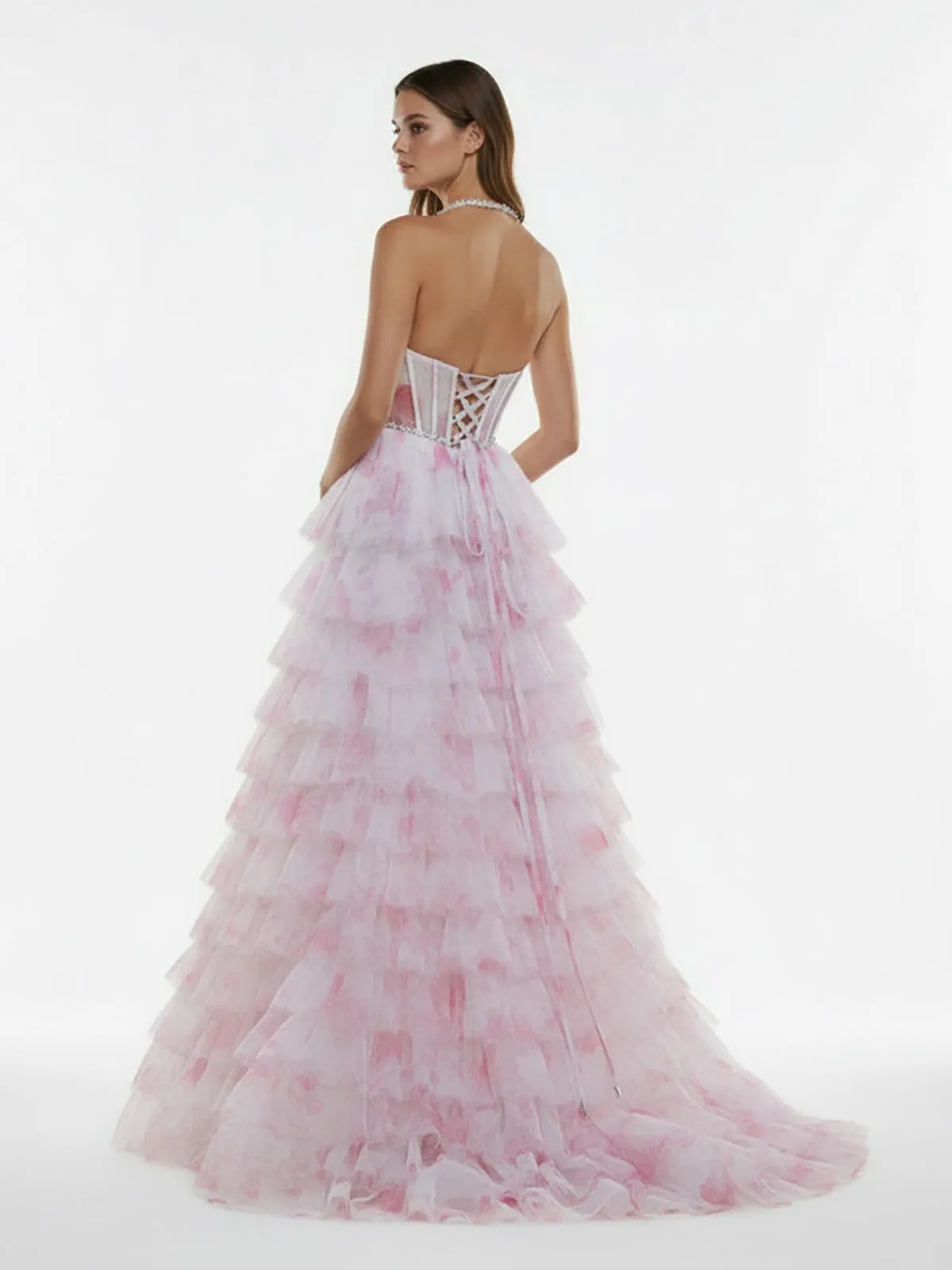 Inari | Pink - A Line Floral Tulle Ruffles Halter Long Prom Dresses with Beads sold by KissProm product image thumbnail 2