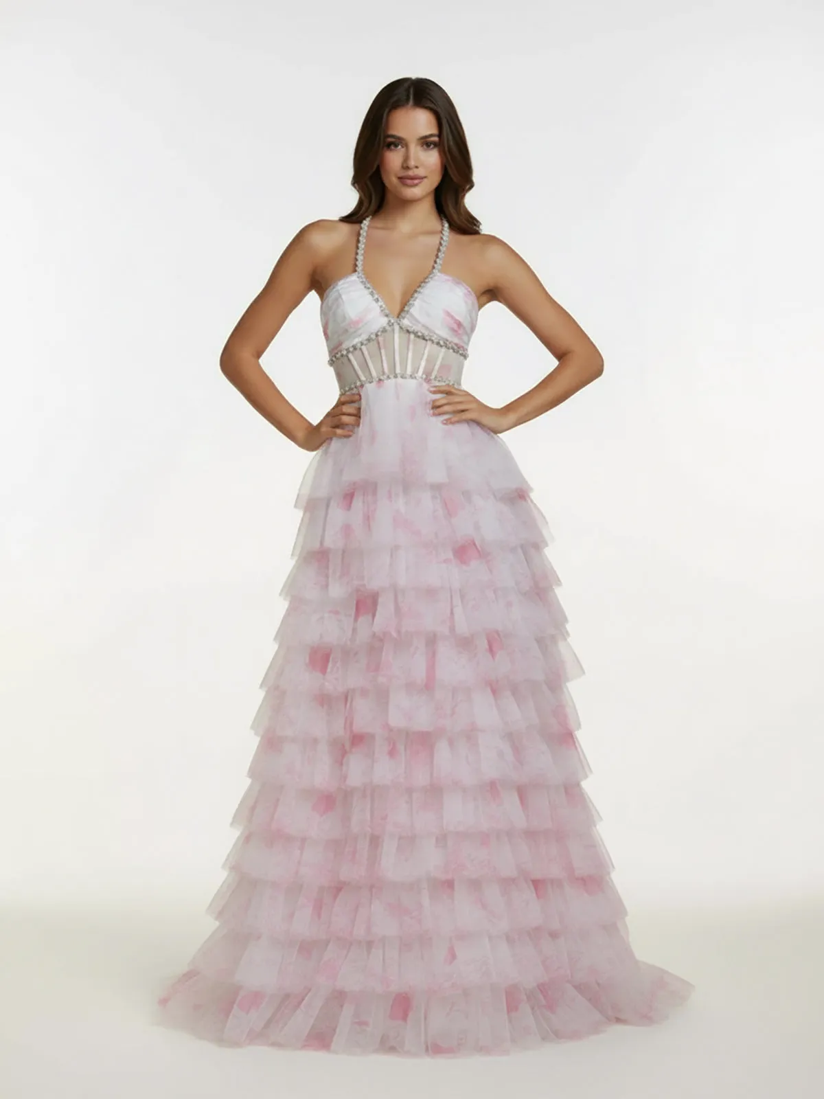 Inari | Pink - A Line Floral Tulle Ruffles Halter Long Prom Dresses with Beads sold by KissProm product image thumbnail 5