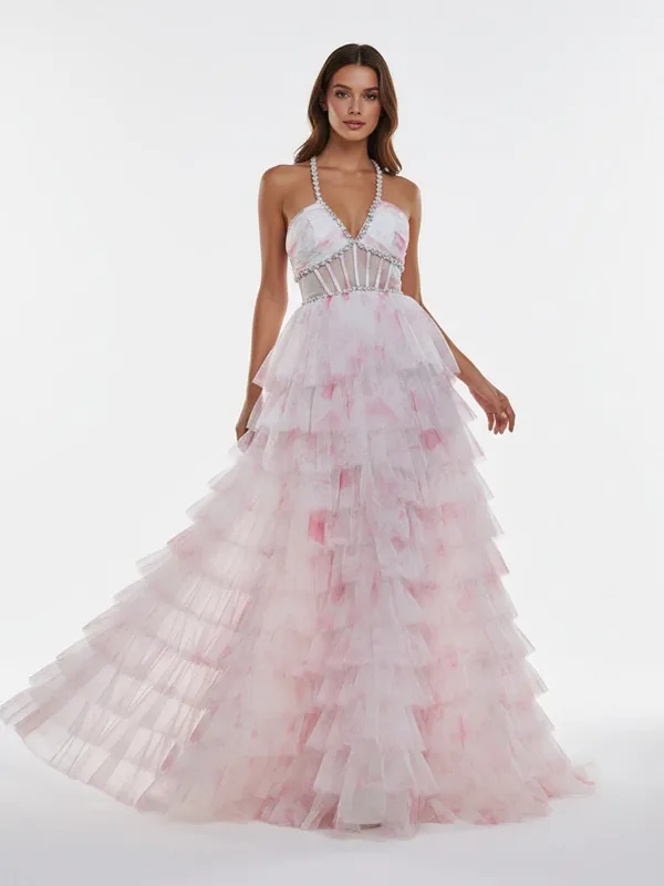 Inari | Pink - A Line Floral Tulle Ruffles Halter Long Prom Dresses with Beads sold by KissProm