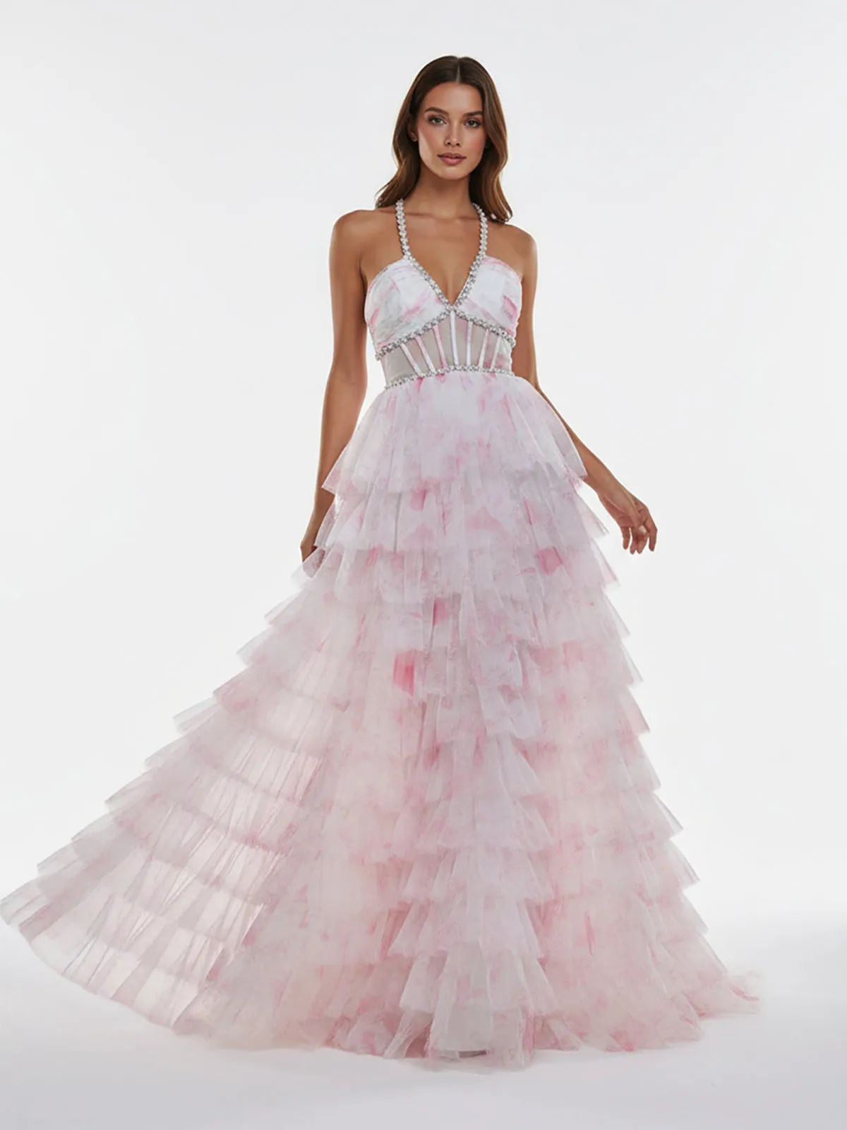 Inari | Pink - A Line Floral Tulle Ruffles Halter Long Prom Dresses with Beads sold by KissProm