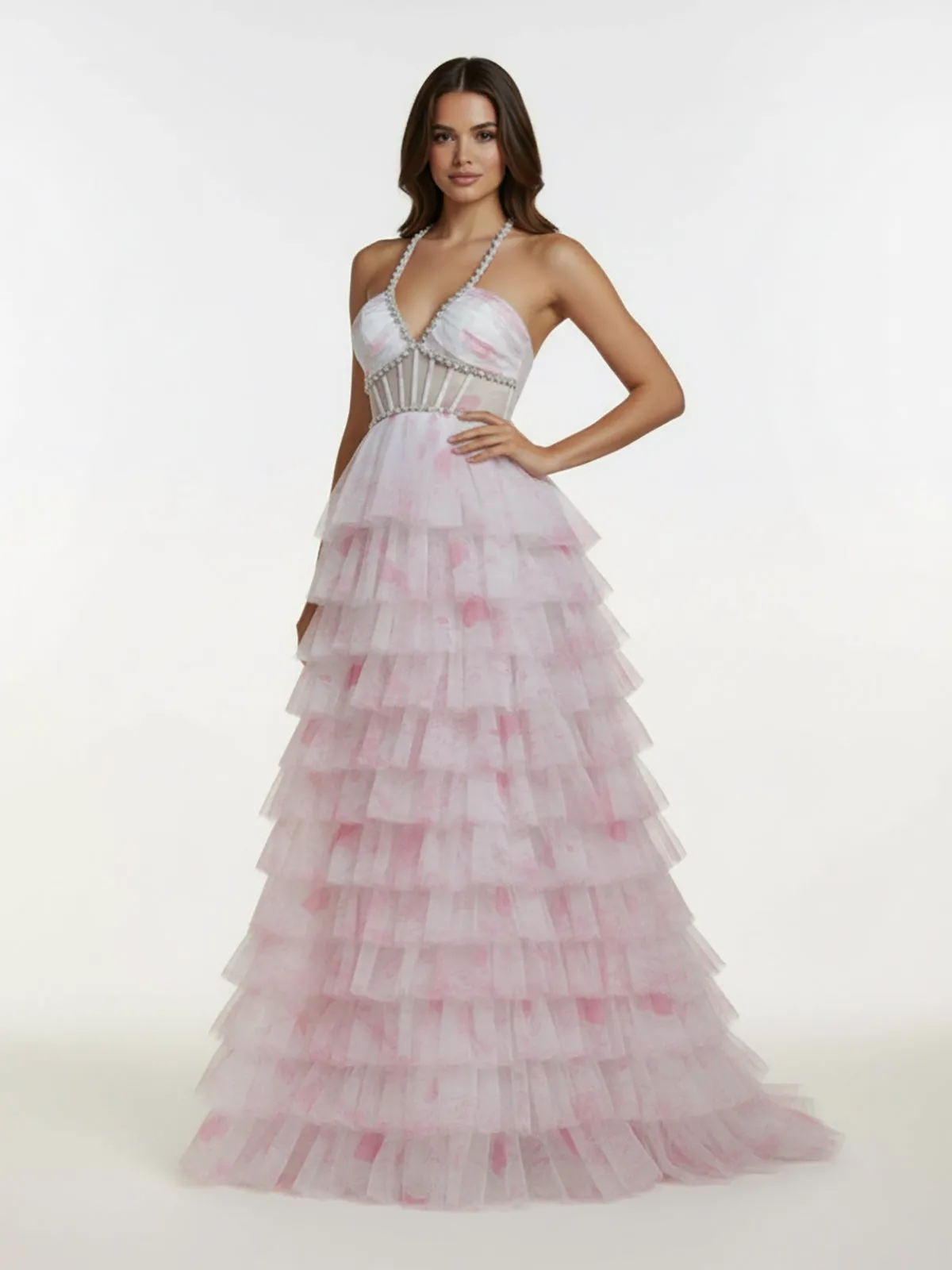 Inari | Pink - A Line Floral Tulle Ruffles Halter Long Prom Dresses with Beads sold by KissProm product image thumbnail 3