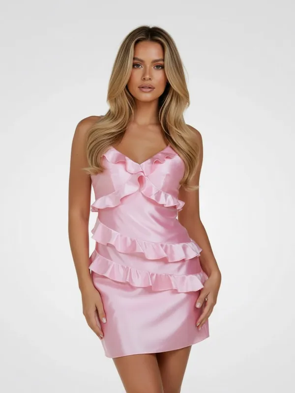 Gessa | Pink - Sheath V Neck Satin Homecoming Dresses with Ruffles sold by KissProm