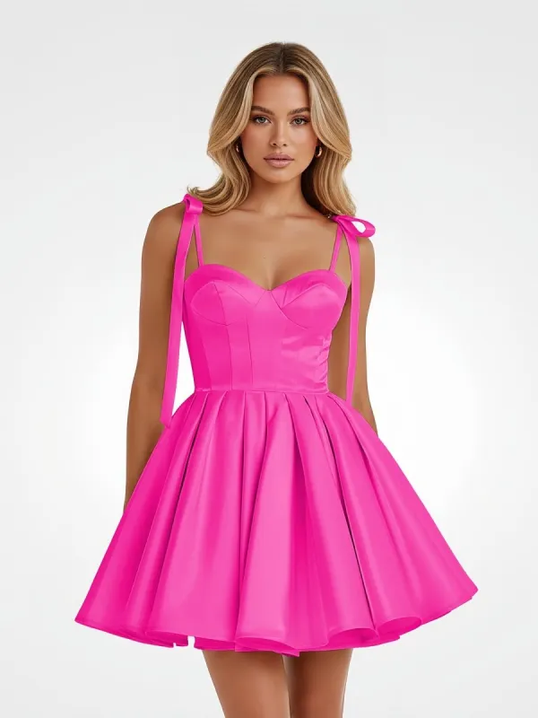 Mirel | Hot Pink - Spaghetti Straps Satin Pleated A Line Homecoming Dresses With Bow sold by KissProm