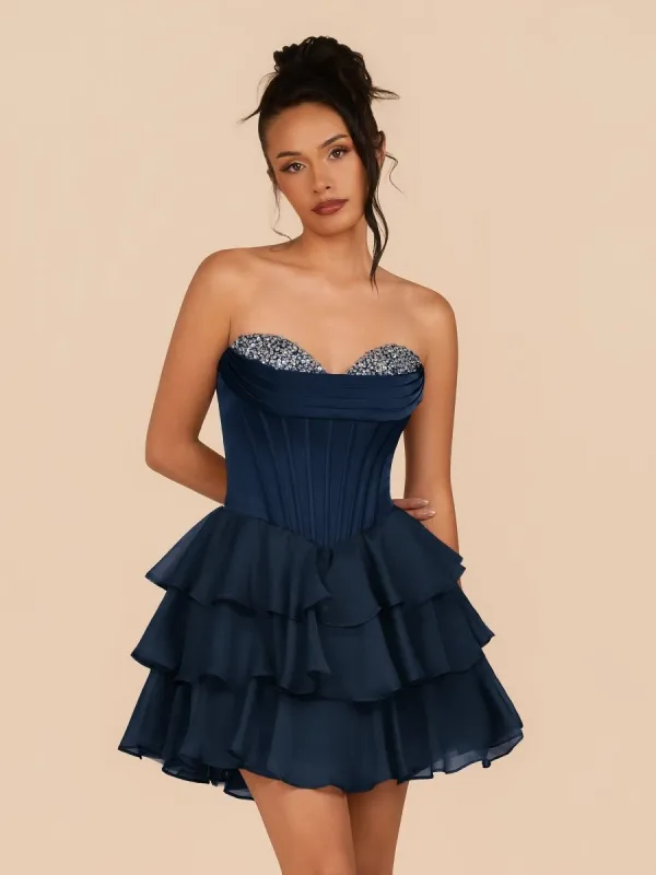 Elarae | Navy Blue - Strapless A Line Ruffles Homecoming Dress With Beading sold by KissProm