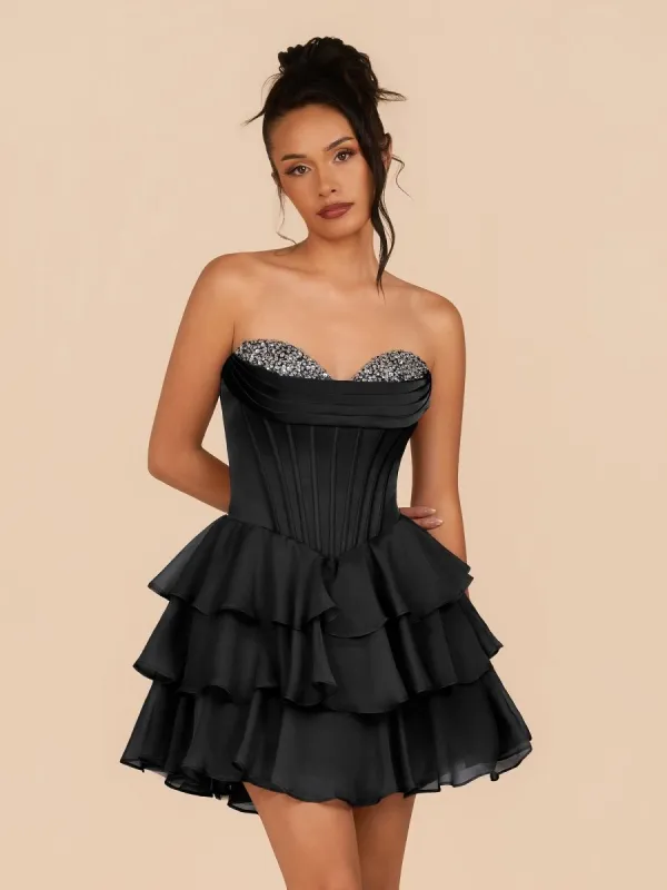 Elarae | Black - Strapless A Line Ruffles Homecoming Dress With Beading sold by KissProm