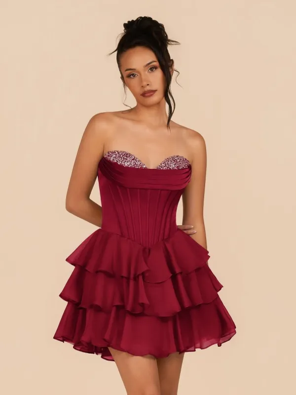 Elarae | Burgundy - Strapless A Line Ruffles Homecoming Dress With Beading sold by KissProm
