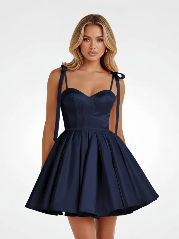 Mirel | Navy Blue - Spaghetti Straps Satin Pleated A Line Homecoming Dresses With Bow sold by KissProm