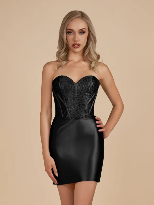 Irith | Black - Bodycon Sweetheart Satin Corset Homecoming Dresses with Beads sold by KissProm