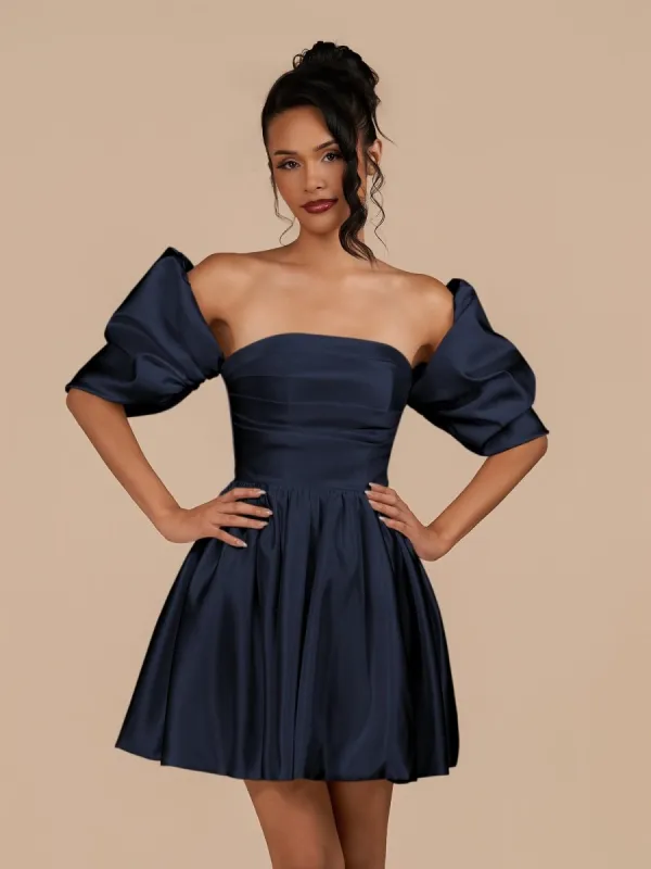 Perenna | Navy Blue - A Line Satin Square Neck Puffed Sleeves Short Homecoming Dresses sold by KissProm