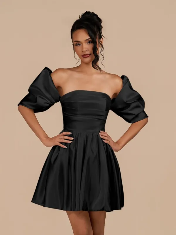 Perenna | Black - A Line Satin Square Neck Puffed Sleeves Short Homecoming Dresses sold by KissProm