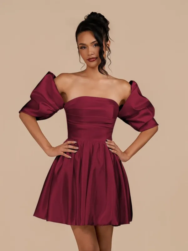 Perenna | Burgundy - A Line Satin Square Neck Puffed Sleeves Short Homecoming Dresses sold by KissProm