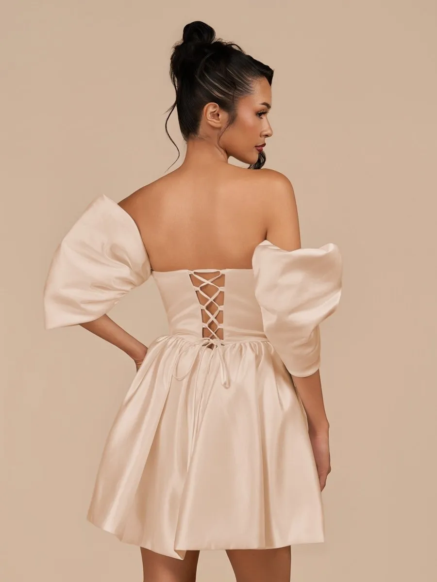 Perenna | Champagne - A Line Satin Square Neck Puffed Sleeves Short Homecoming Dresses sold by KissProm product image thumbnail 2