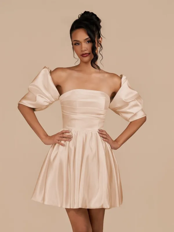 Perenna | Champagne - A Line Satin Square Neck Puffed Sleeves Short Homecoming Dresses sold by KissProm