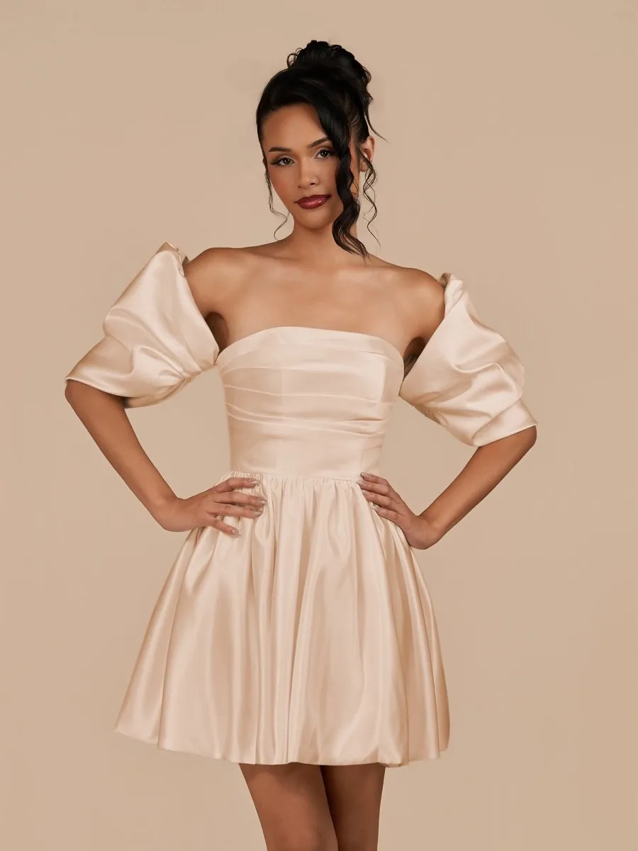 Perenna | Champagne - A Line Satin Square Neck Puffed Sleeves Short Homecoming Dresses sold by KissProm