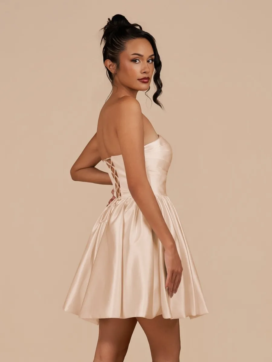 Perenna | Champagne - A Line Satin Square Neck Puffed Sleeves Short Homecoming Dresses sold by KissProm product image thumbnail 3