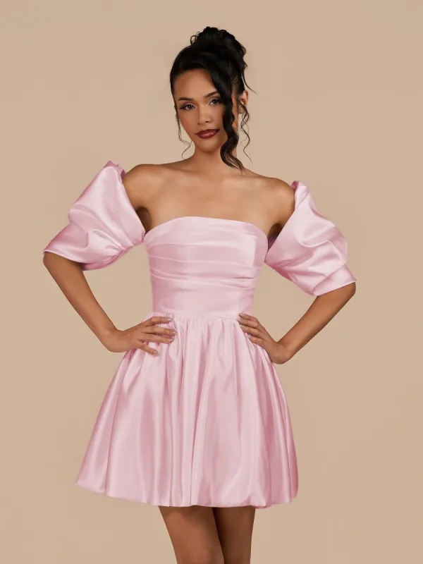 Perenna | Pink - A Line Satin Square Neck Puffed Sleeves Short Homecoming Dresses sold by KissProm