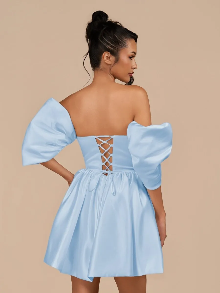 Perenna | Sky Blue - A Line Satin Square Neck Puffed Sleeves Short Homecoming Dresses sold by KissProm product image thumbnail 2