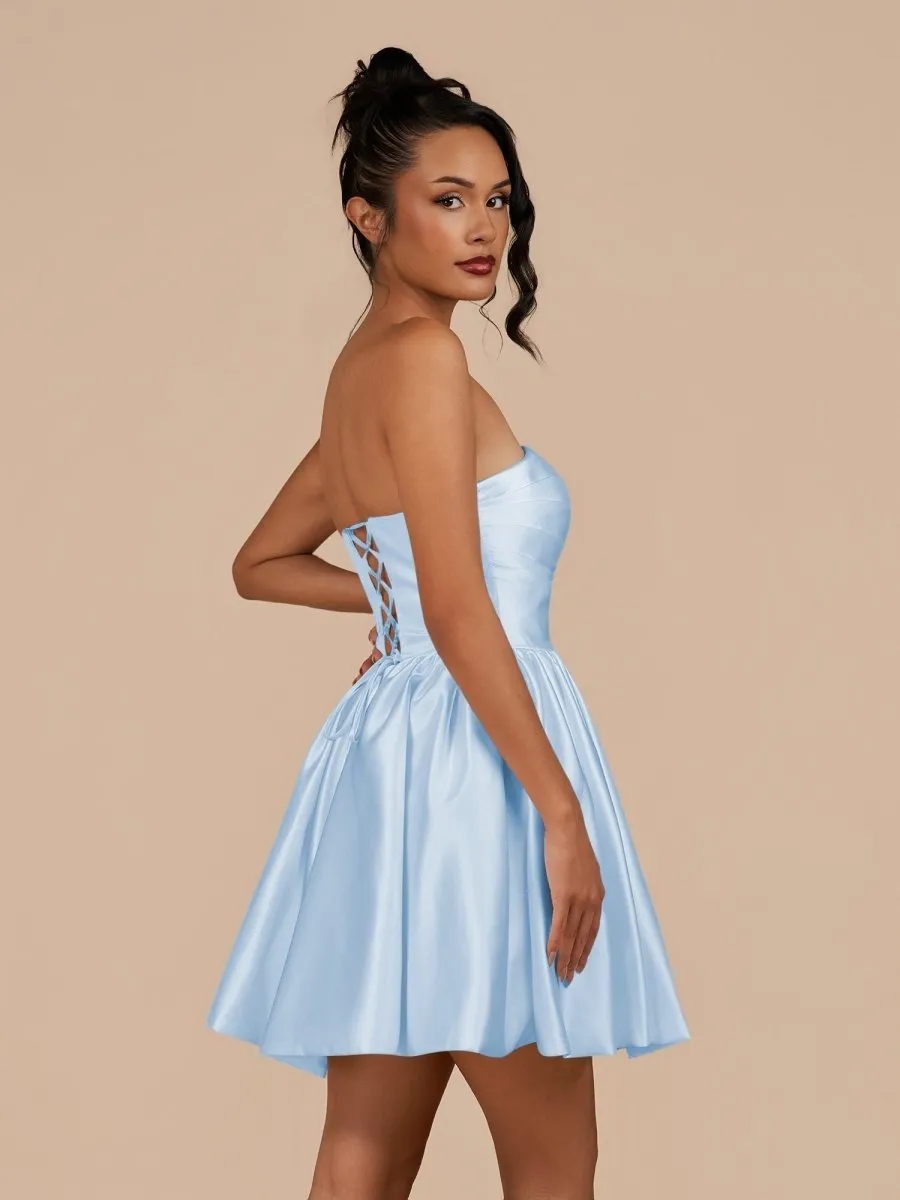 Perenna | Sky Blue - A Line Satin Square Neck Puffed Sleeves Short Homecoming Dresses sold by KissProm product image thumbnail 3