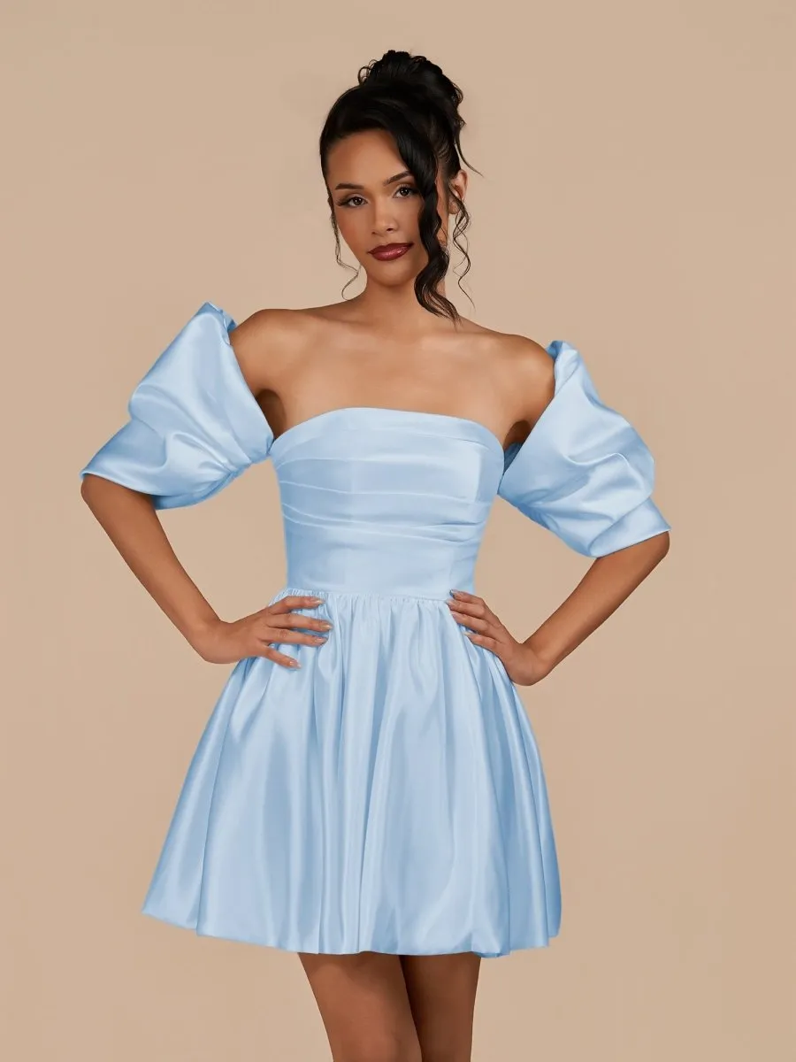 Perenna | Sky Blue - A Line Satin Square Neck Puffed Sleeves Short Homecoming Dresses sold by KissProm