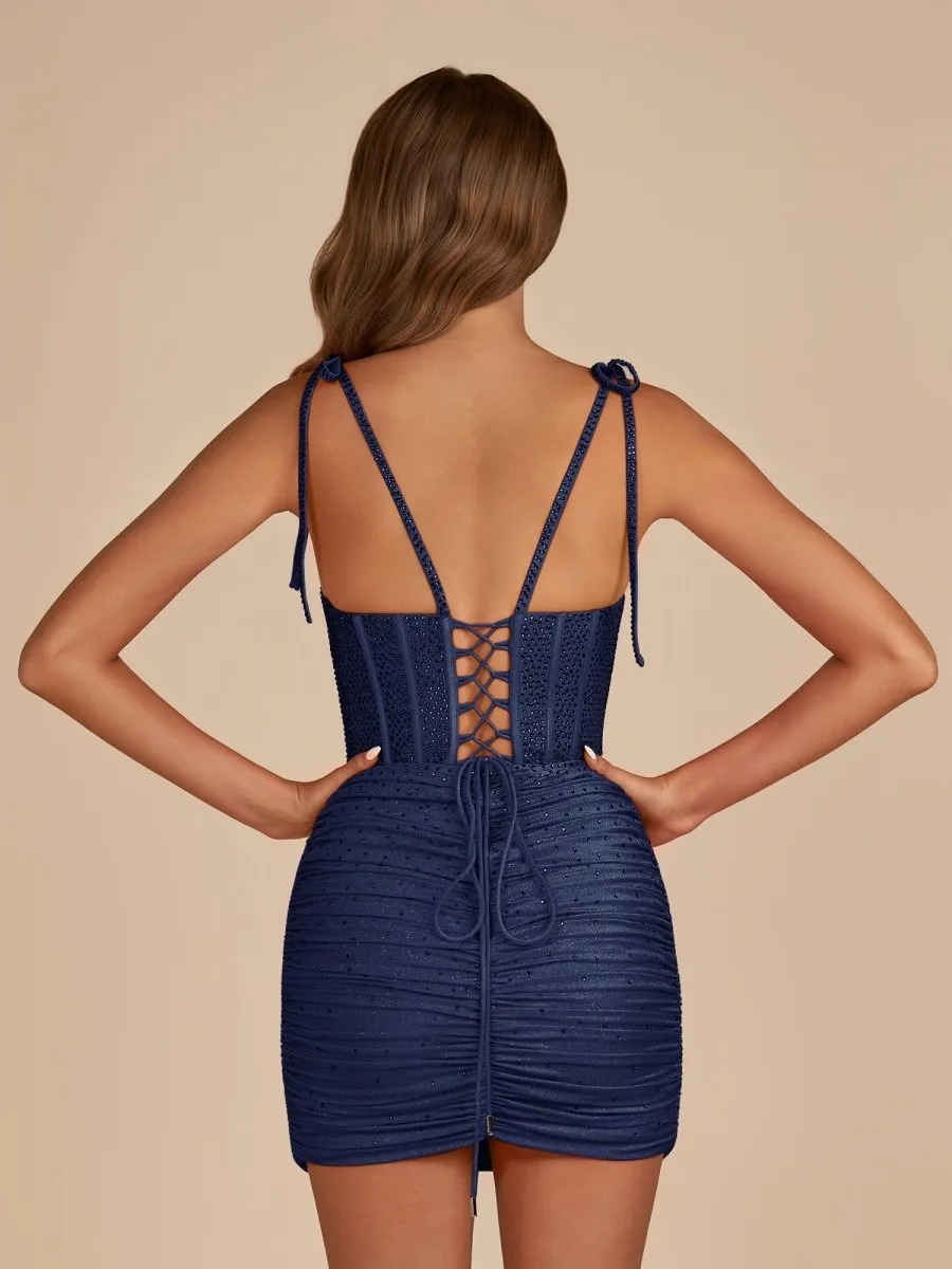 Navy Blue - Bodycon Scoop Neck Beaded Satin Corset Homecoming Dresses with Bow Straps sold by KissProm product image thumbnail 2