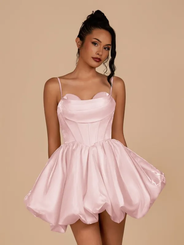 Nica | Pink - A Line Bubble hem Satin Corset Sweetheart Homecoming Dresses sold by KissProm