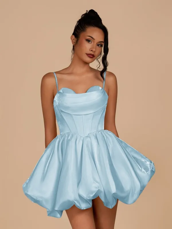 Nica | Sky Blue - A Line Bubble hem Satin Corset Sweetheart Homecoming Dresses sold by KissProm