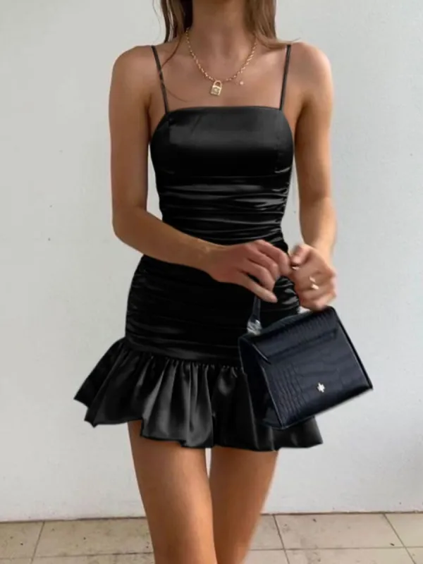 Marzanna | Black - Spaghetti Straps Pleated Satin Sleeveless Short Homecoming Dress sold by KissProm