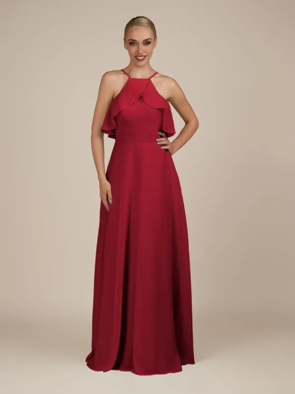 Wynne | Burgundy - A Line Chiffon Halter Neck Ruffled Overlay Long Bridesmaid Dress sold by KissProm