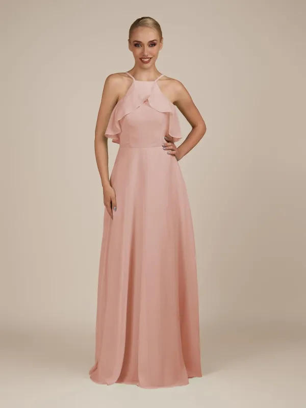 Wynne | English Rose - A Line Chiffon Halter Neck Ruffled Overlay Long Bridesmaid Dress sold by KissProm