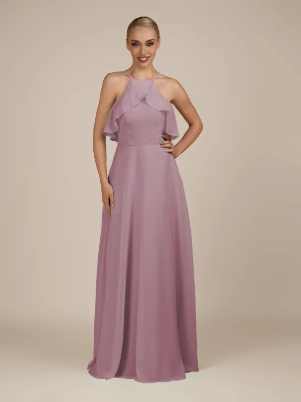 Wynne | Wisteria - A Line Chiffon Halter Neck Ruffled Overlay Long Bridesmaid Dress sold by KissProm