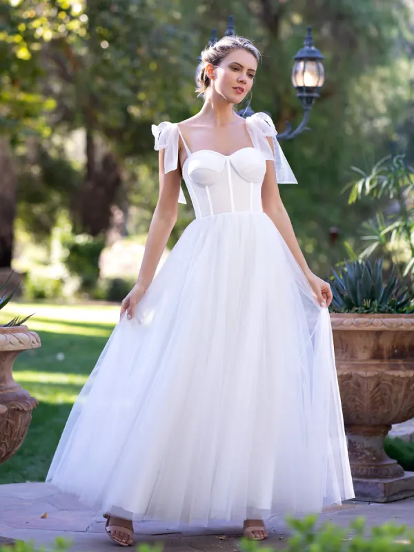 Corset Tulle Bow Spaghetti Straps Floor Length Prom Dress sold by KissProm