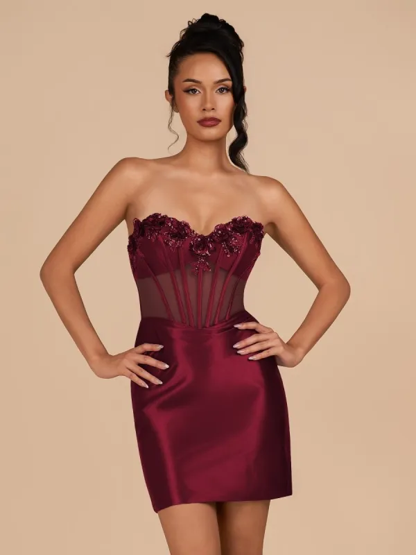 Indie | Burgundy Bodycon Satin Sweetheart Corset Homecoming Dress with Sequined Flowers | KissProm sold by KissProm