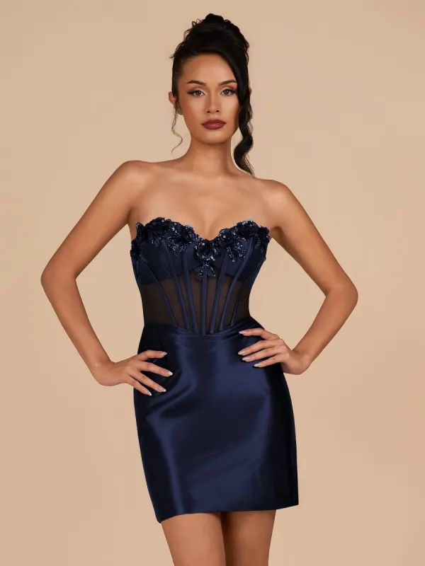 Indie | Navy Blue Bodycon Satin Sweetheart Corset Homecoming Dress with Sequined Flowers | KissProm sold by KissProm