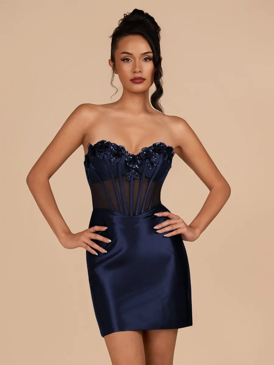 Indie | Navy Blue Bodycon Satin Sweetheart Corset Homecoming Dress with Sequined Flowers | KissProm sold by KissProm
