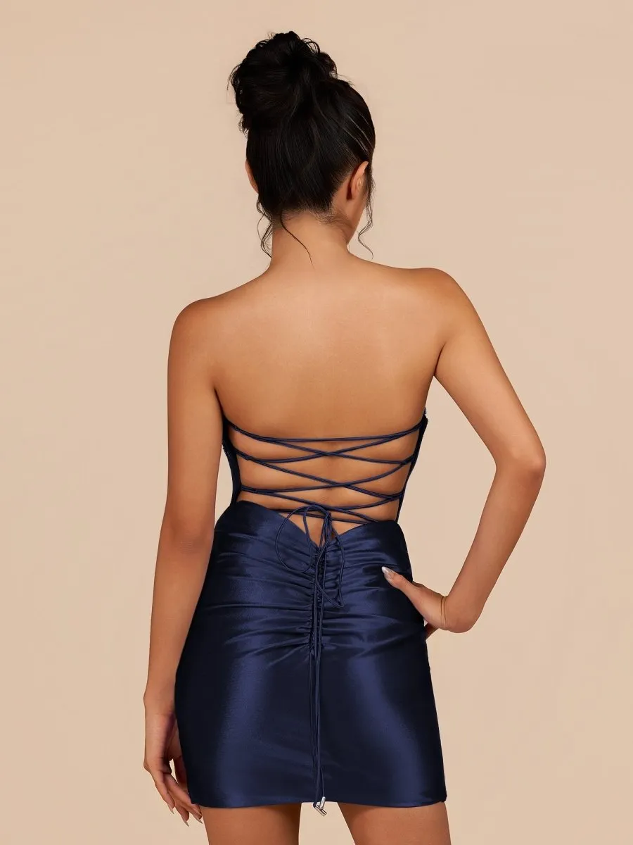 Indie | Navy Blue Bodycon Satin Sweetheart Corset Homecoming Dress with Sequined Flowers | KissProm sold by KissProm product image thumbnail 2