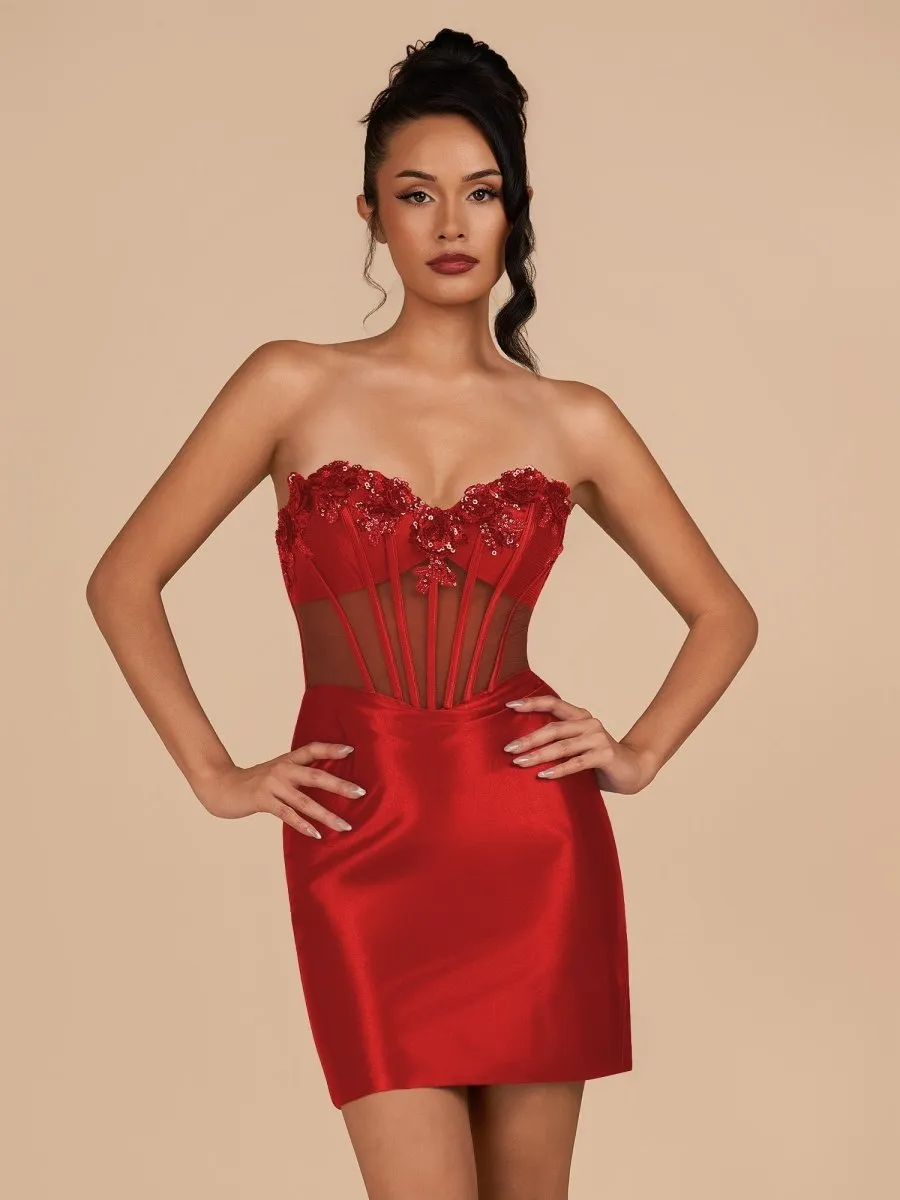 Indie | Red Bodycon Satin Sweetheart Corset Homecoming Dress with Sequined Flowers | KissProm sold by KissProm