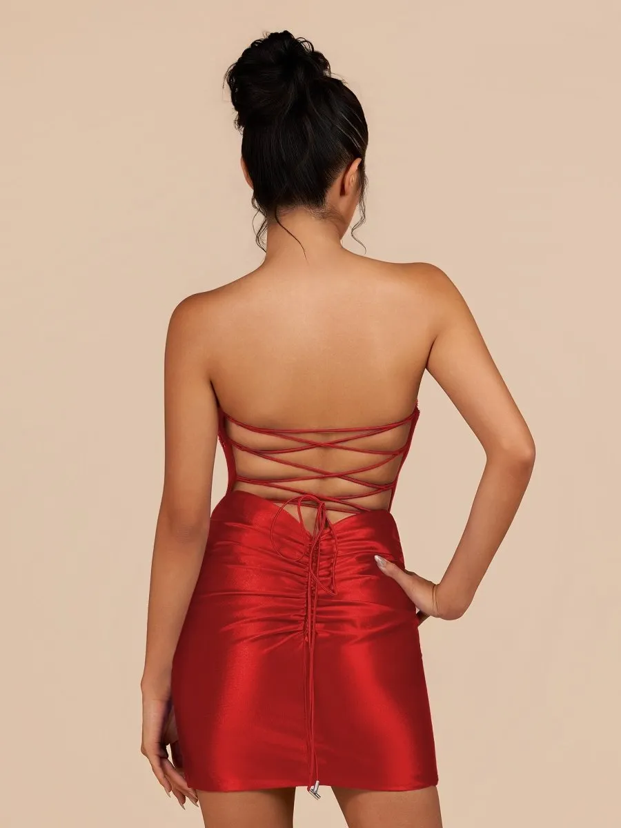 Indie | Red Bodycon Satin Sweetheart Corset Homecoming Dress with Sequined Flowers | KissProm sold by KissProm product image thumbnail 2