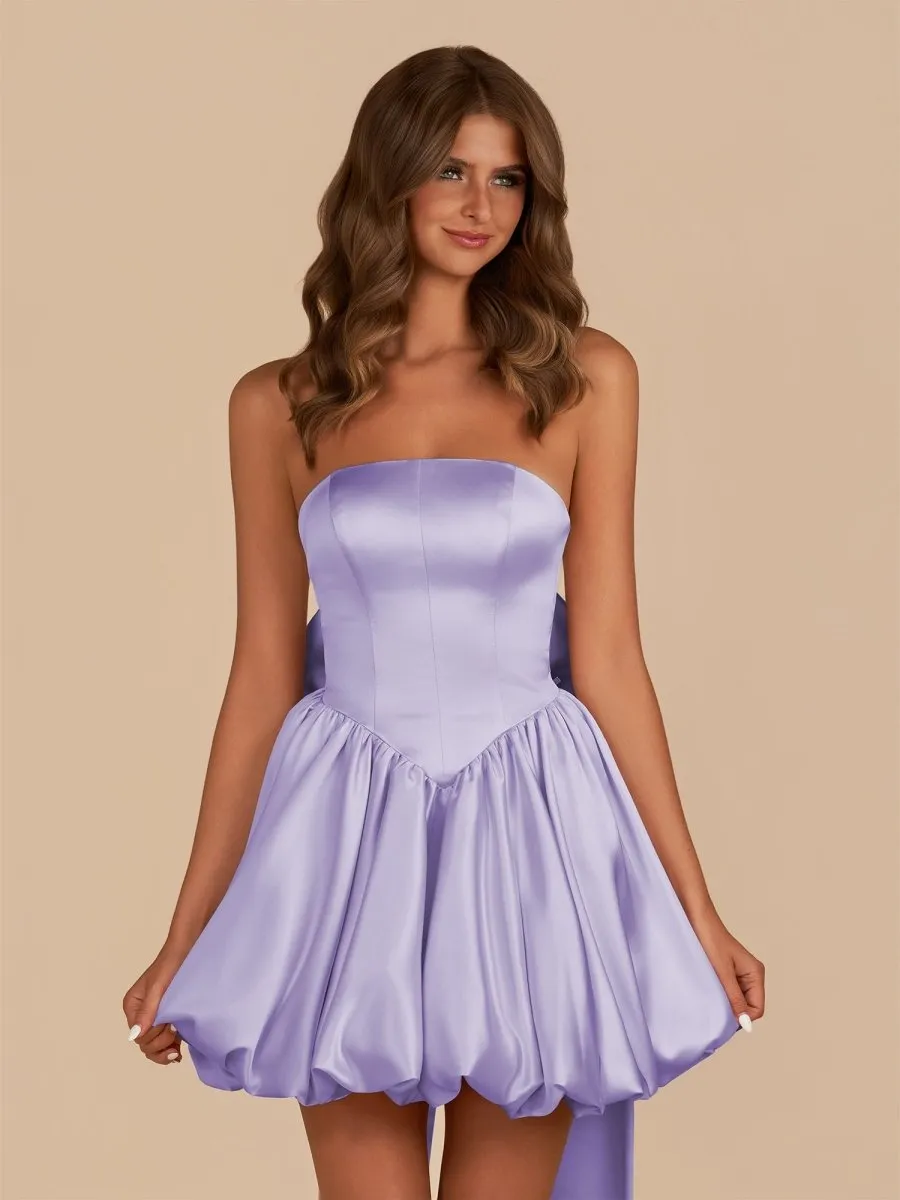 Lavender Strapless Satin A-Line Short Homecoming Dress with Bow sold by KissProm