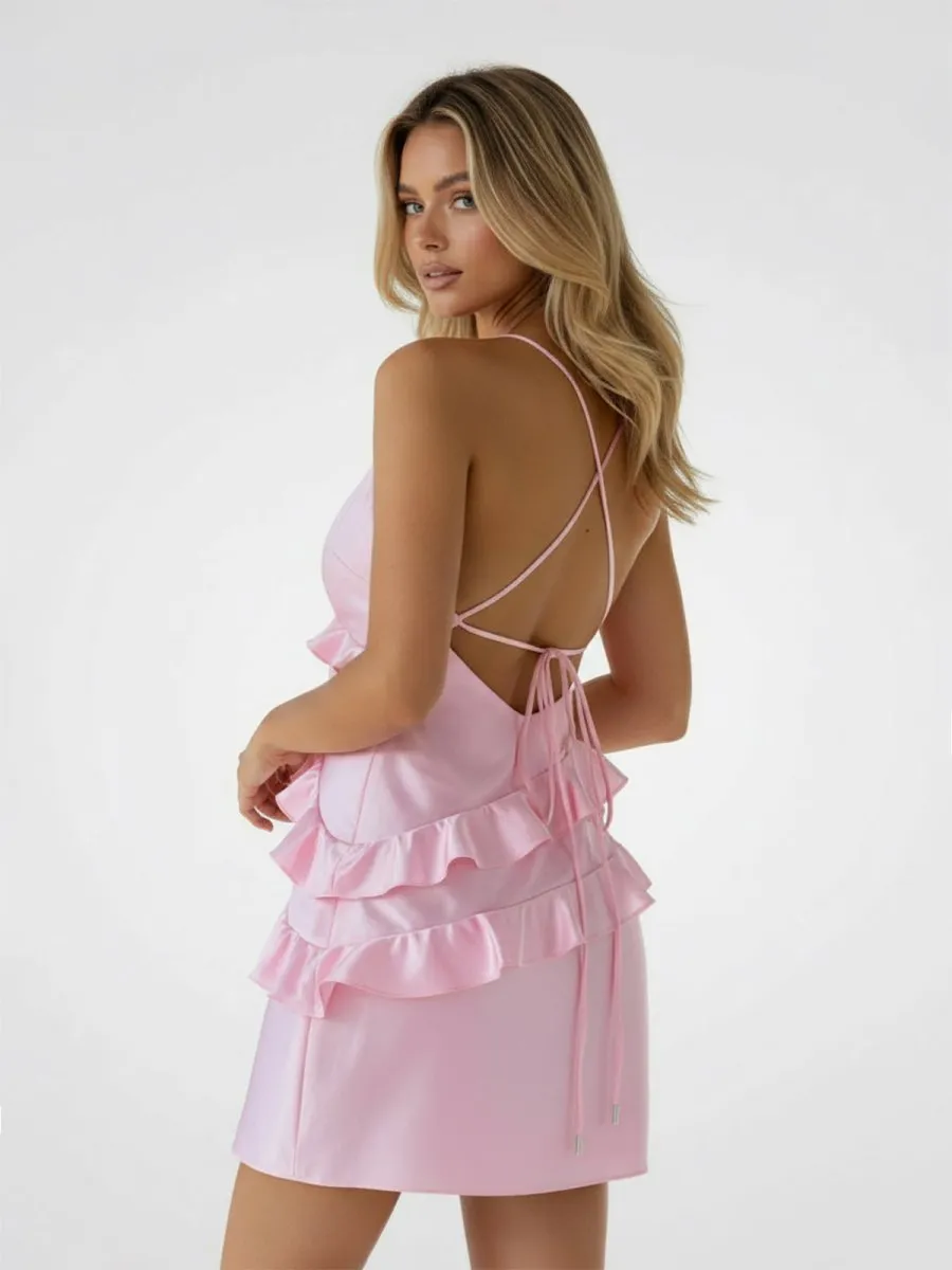 Pink – Sheath V-Neck Satin Short Homecoming Dress with Ruffles sold by KissProm product image thumbnail 4