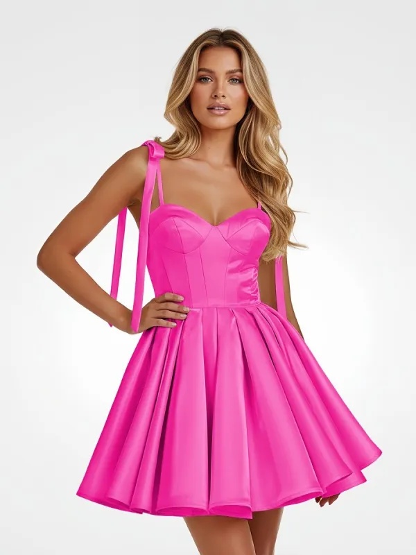 Mirel | Hot Pink – Spaghetti Straps Pleated Satin A-Line Homecoming Dress with Bow | KissProm sold by KissProm