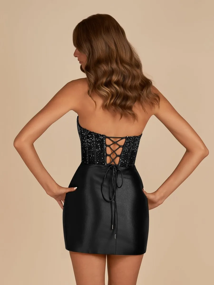 Black – Bodycon Strapless Satin Corset Homecoming Dress with Beads sold by KissProm product image thumbnail 2
