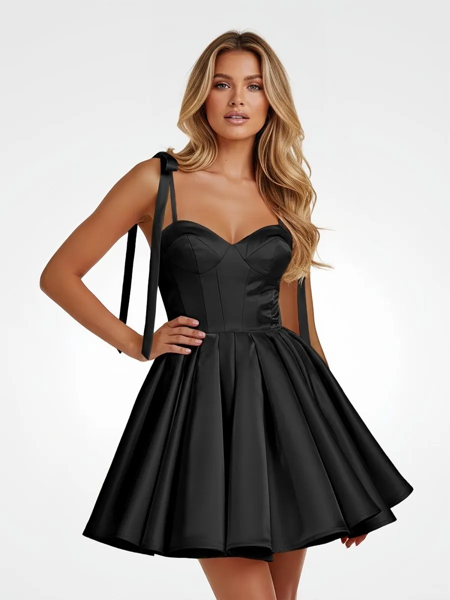 Mirel | Black – Spaghetti Straps Satin Pleated A-Line Homecoming Dress With Bow | KissProm sold by KissProm product image thumbnail 3