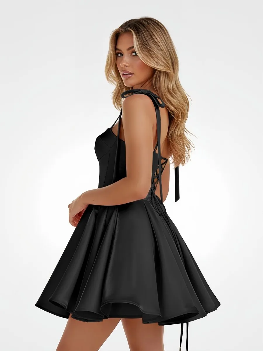 Mirel | Black – Spaghetti Straps Satin Pleated A-Line Homecoming Dress With Bow | KissProm sold by KissProm product image thumbnail 2