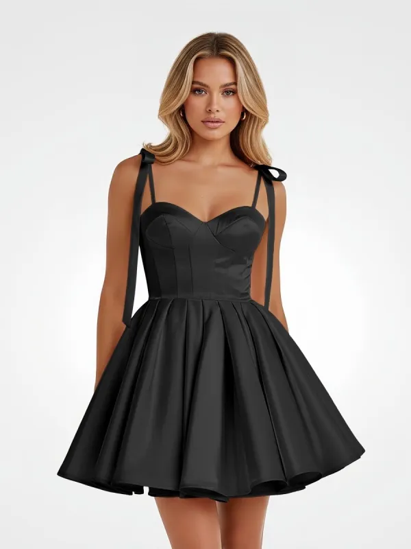 Mirel | Black – Spaghetti Straps Satin Pleated A-Line Homecoming Dress With Bow | KissProm sold by KissProm