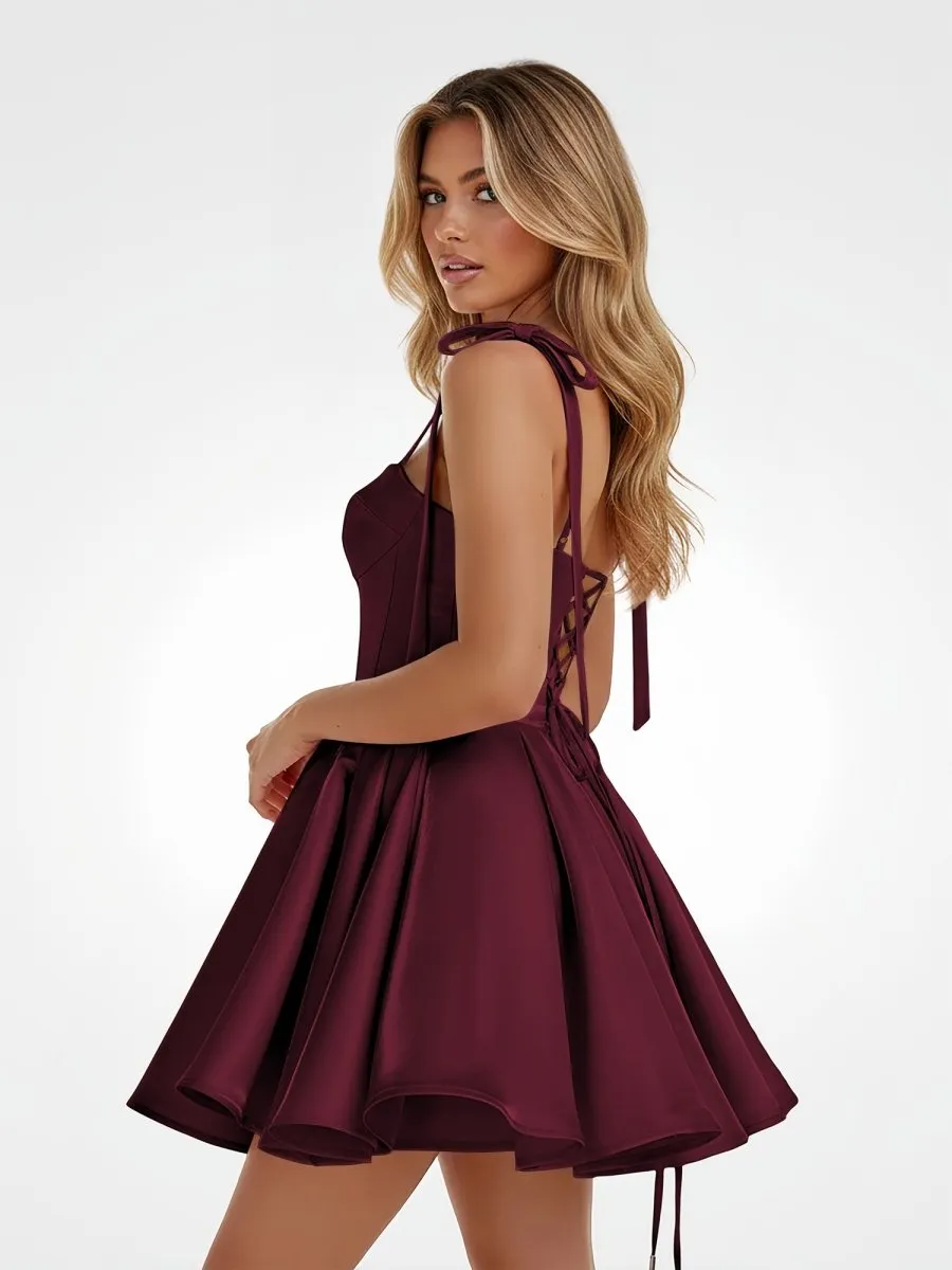 Burgundy – Spaghetti Straps Satin Pleated A-Line Homecoming Dress With Bow sold by KissProm product image thumbnail 2