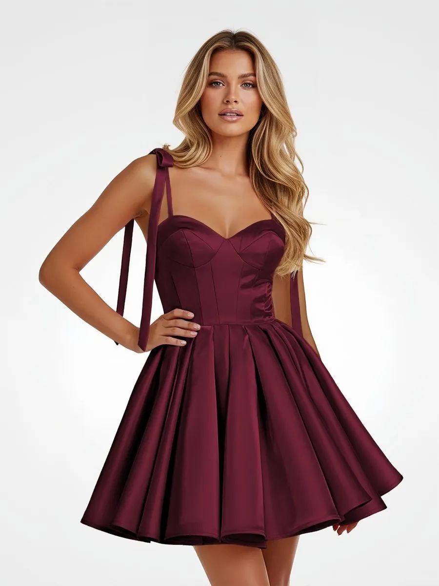 Burgundy – Spaghetti Straps Satin Pleated A-Line Homecoming Dress With Bow sold by KissProm product image thumbnail 3
