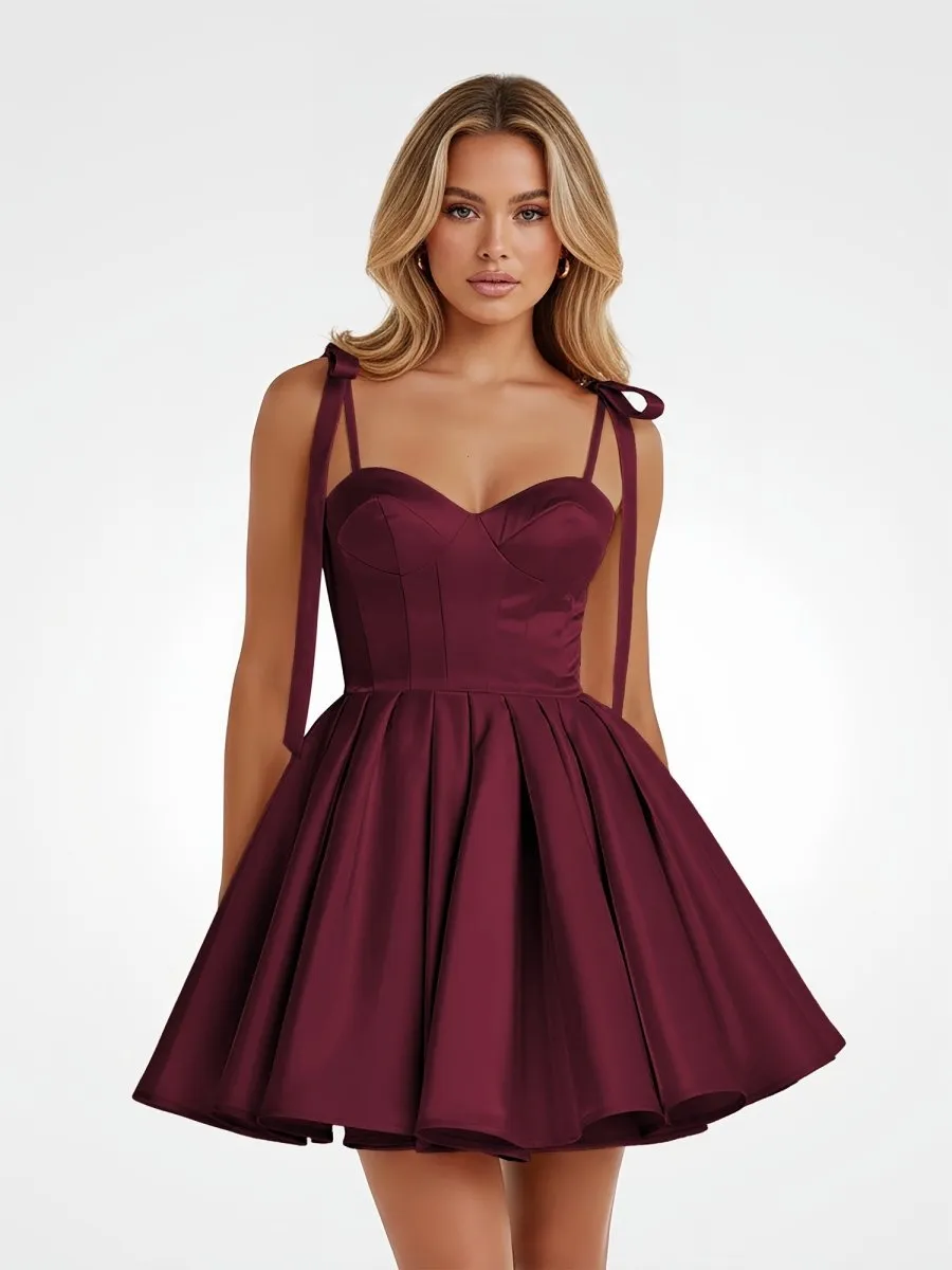Burgundy – Spaghetti Straps Satin Pleated A-Line Homecoming Dress With Bow sold by KissProm