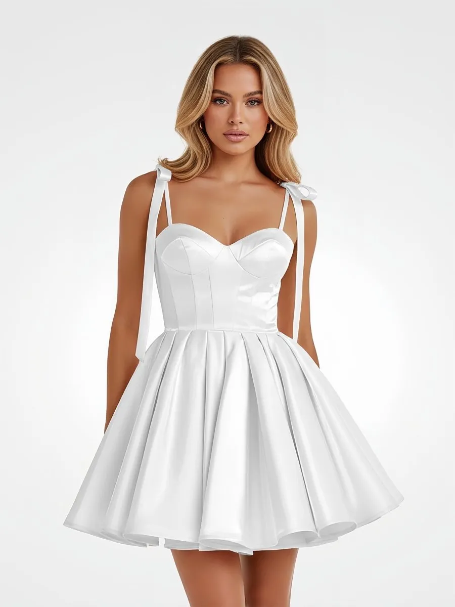 Mirel | White – Spaghetti Straps Satin Pleated A-Line Homecoming Dress with Bow | KissProm sold by KissProm