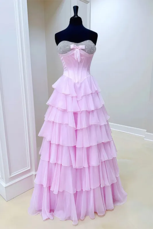 Pink Sweetheart A Line Chiffon Ruffled Long Formal Prom Dresses With Beading sold by KissProm